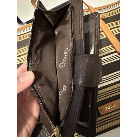 EUC Fossil Felicity Tote Brown Black White Yellow Stripe AND Leather Wallet - Picture 14 of 16